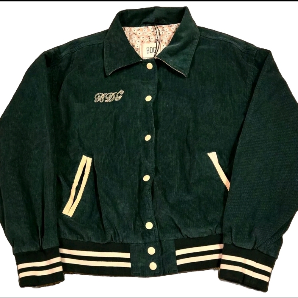 Urban Outfitters BDG Logo Embroidered Green Corduroy Varsity Bomber Jacket